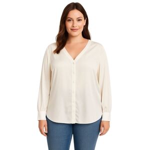 Ann Taylor Ivory Button Front Blouse Women’s XL Long Sleeve Satin Look Top